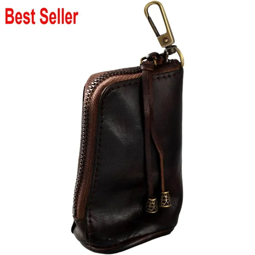 Cowhide Leather Mini Zipper Coin Pouch Keychain Wallet Vintage Storage